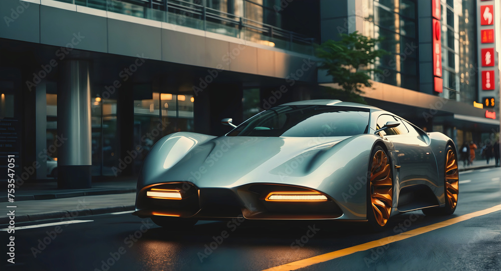 Modern futuristic sport race car in city street at night, auto background, automotive wallpaper, template with copy space area