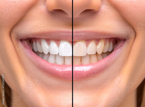 A visual representation showcasing the change in the appearance of a woman's teeth, contrasting the before and after effects of a whitening treatment