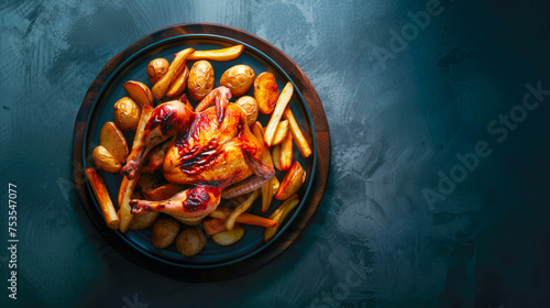 A top-down horizontal view capturing the appetizing presentation of a baked whole chicken with potatoes on a plate