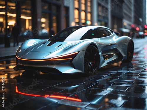 Modern futuristic sport race car in city street at night, auto background, automotive wallpaper, template with copy space area © Karlo