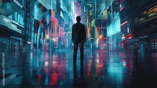 View from behind of a businessman looking into the future