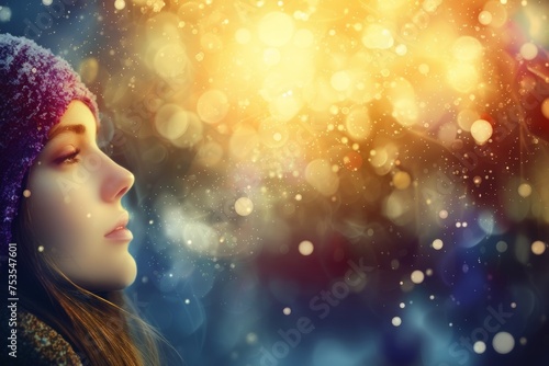 Young Woman Face against Bright Defocused Abstract Background with lights and floating particles and bokeh