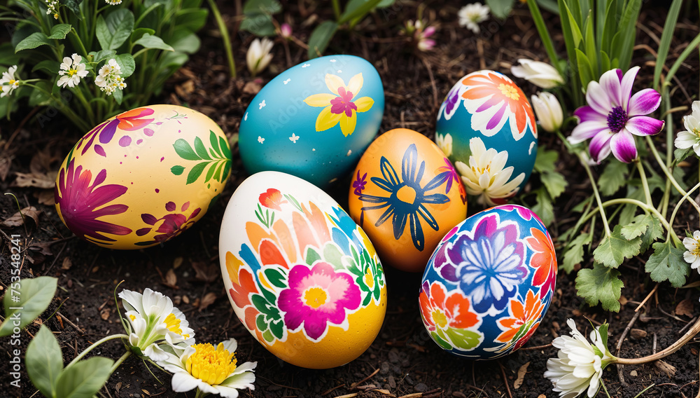 Fototapeta premium Colorful hand painted like Easter eggs lying on the ground, hidden away from the children to find in a lovely spring garden with flowers.