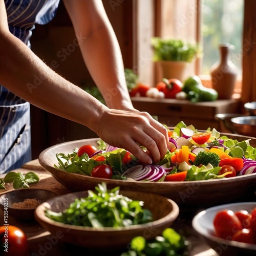 Preparing fresh salad in the kitchen, with fresh raw vegetables