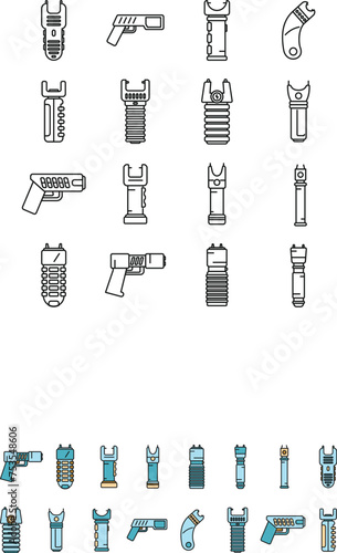 Taser icons set outline vector. Police gun. Safety stun electroshock color line isolated