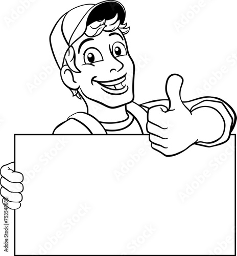 A painter, handyman, mechanic, plumber or other construction cartoon mascot man in overall dungarees. Giving a thumbs up.