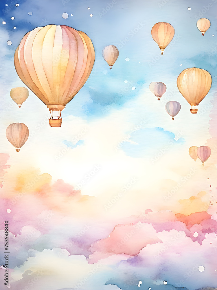 Obraz premium watercolor-frame-themed-with-various-balloons-floating-amidst-watercolor-washed-clouds-pastel