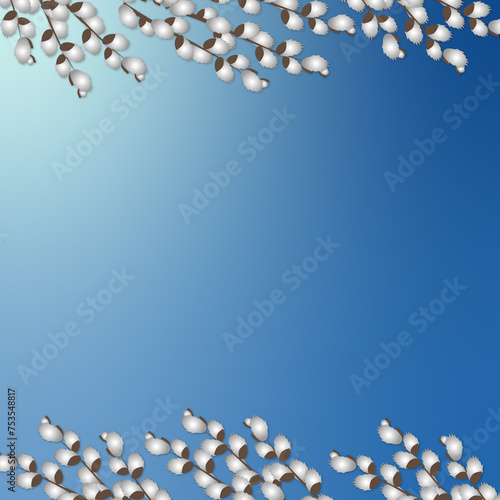 Border with easter catkins on a blue background. Illustration for card, border or invitation 