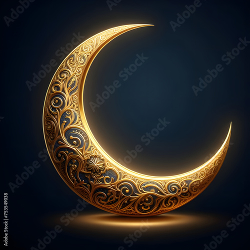 Golden crescent moon, Islam festival, celebrating Ramadan, Isolated on a dark Blue background, Copy space