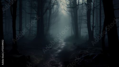 Mysterious dark forest at night