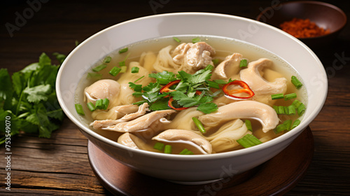 Delicious chicken Chinese soup in white bowl on background