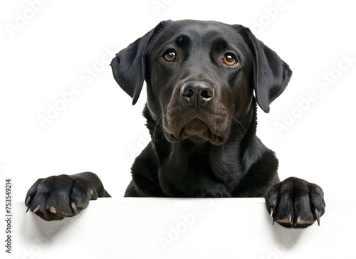 Black Labrador dog with paws on placeholder area isolated on transparent background