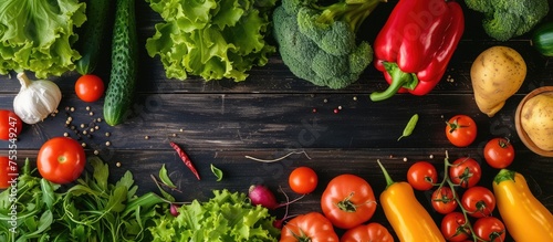 Top view of various fresh vegetables on a wooden table