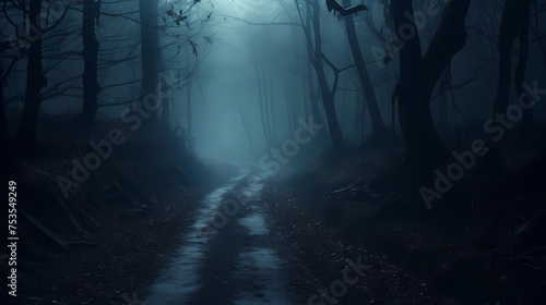 Mysterious dark forest at night