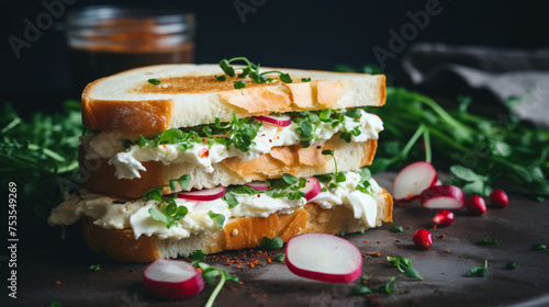 Delicious sandwiches with soft cream cheese and radish