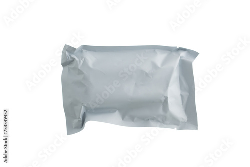 Silver blank plastic packaging sachet isolated on white background.