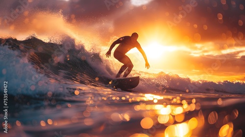 A surfer catching a wave, with golden sunlight reflecting off the ocean as the background, during an invigorating morning surf session