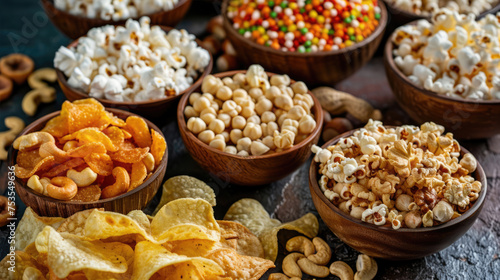 Mix of snacks. Variety of snacks such as nuts, chips and popcorn. photo