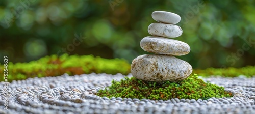 Tranquil zen garden composition with thuja branches and stones for serene ambiance and balance