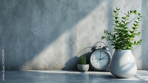 clock on table and plant in vase background  photo