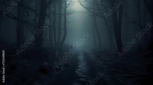 Mysterious dark forest at night