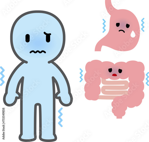 身体が冷えた人物と胃腸のキャラクター