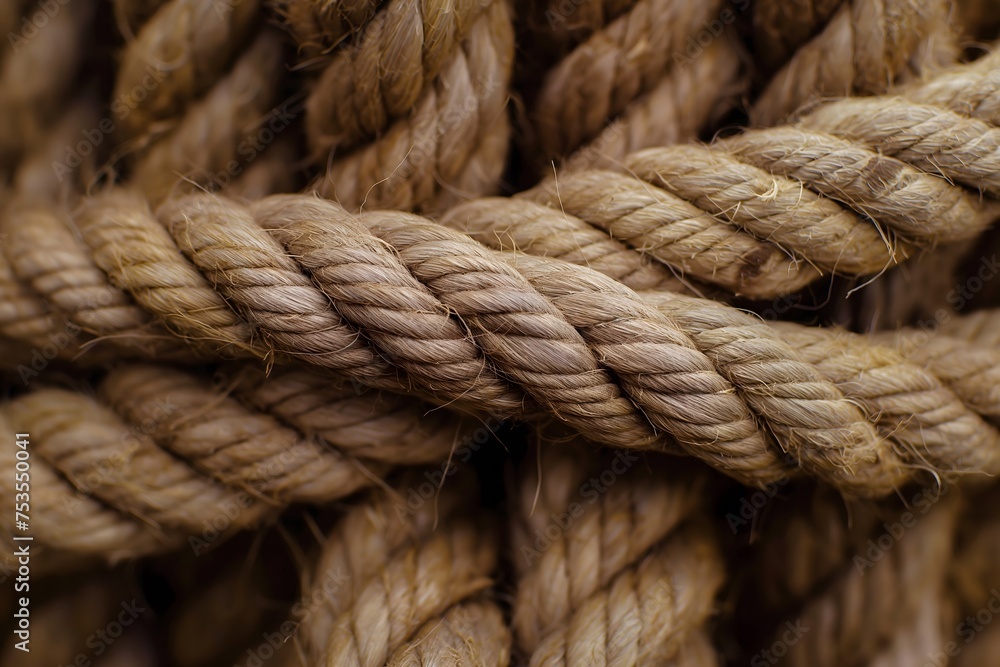 Rope with knot. A close-up image of a rope with a neatly tied knot, isolated on a white background. The texture of the rope and the details of the knot are clearly visible