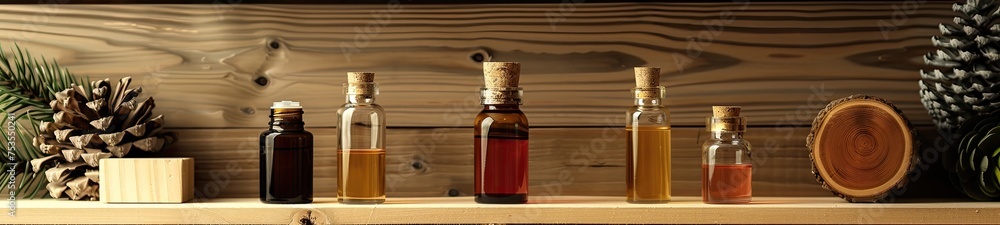 Bottles of essential oils, mockup, on wooden table Bottles of essential oils, mockup, on wooden table