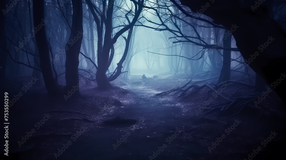 Mysterious dark forest at night - obrazy, fototapety, plakaty 