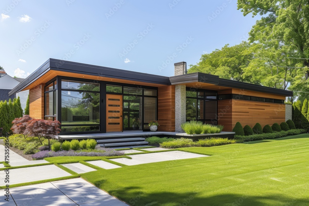 A modern minimalist house nestled in a quiet suburban neighborhood A modern minimalist house nestled in a quiet suburban neighborhood