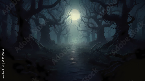 Mysterious dark forest at night