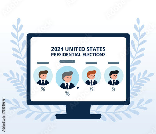 2024 Presidential elections in the USA. Template for website, landing page of online survey. Monitor screen with candidate data and results after voting. Flat vector illustration.