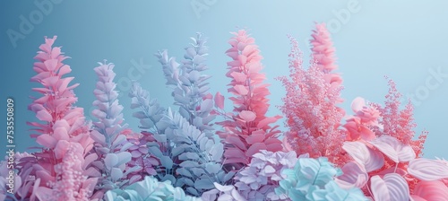 Pastel thuja leaves in pink  lavender  and mint   delicate and feminine background