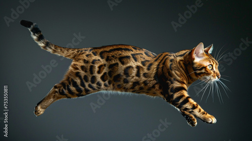 A playful Bengal cat with striking spotted markings, photographed against a solid charcoal gray backdrop. © Arisha