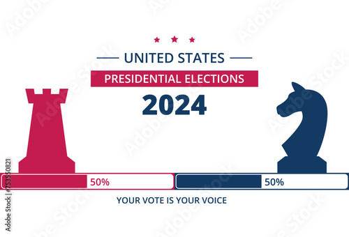 2024 Presidential elections in the United Stares. Democrats against Republicants. Electoral symbols of both political parties chess figures. Flat vector illustration. Vote day November 5