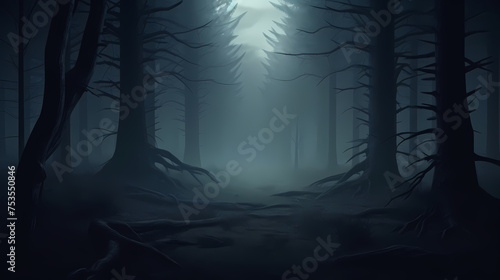 Mysterious dark forest at night