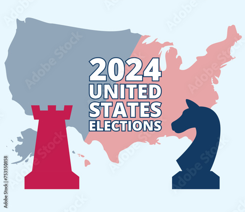2024 Presidential elections in the United Stares with USA map. Democrats against Republicants. Electoral symbols of both political parties chess figures. Flat vector illustration. Vote day November 5