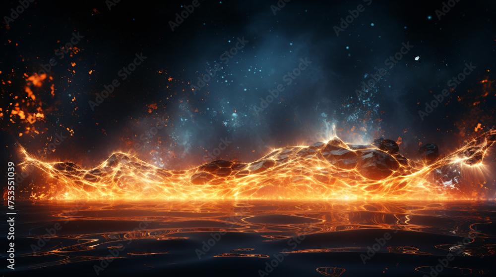 Dynamic wave of particles in a futuristic fire background