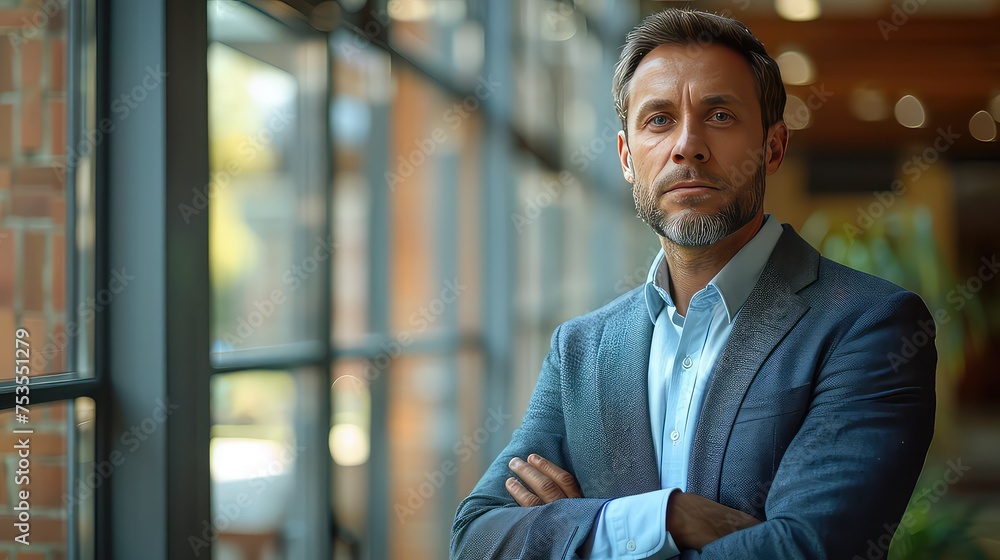 Businessman Standing in Front of Glass Window, Generative AI Businessman Standing in Front of Glass Window, Generative AI