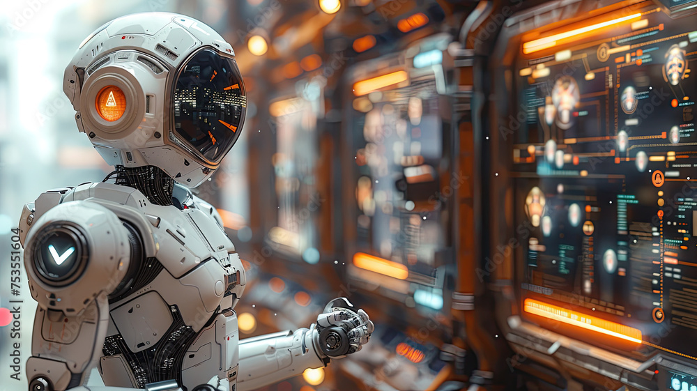 Futuristic robot with glowing eye examining a high-tech control panel with blurred dan bokeh background Futuristic robot with glowing eye examining a high-tech control panel with blurred dan bokeh background