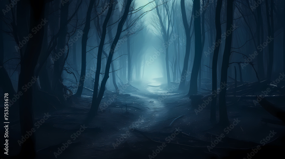 Fototapeta premium Foggy dark forest path scary melancholy background
