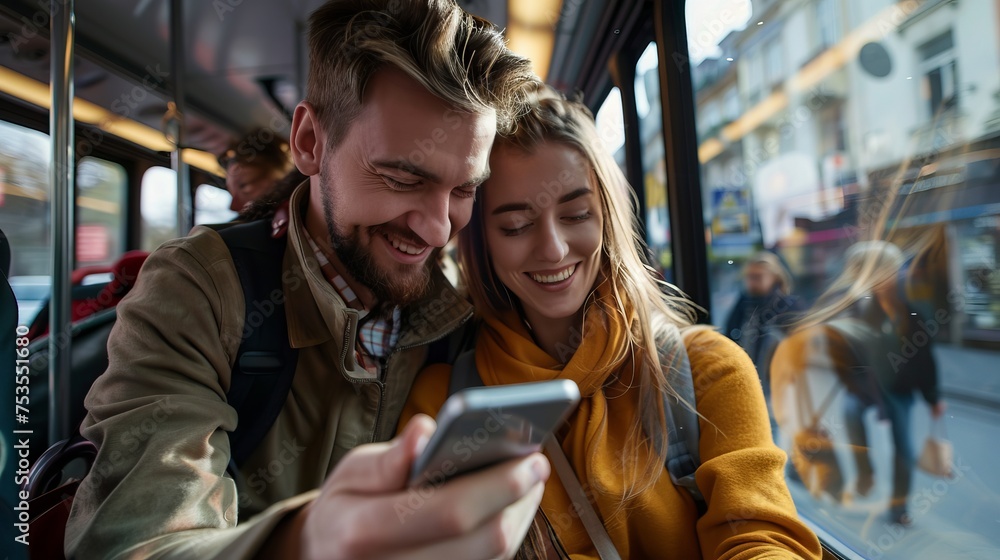 beautiful happy young couple using smartphone together in bus 
