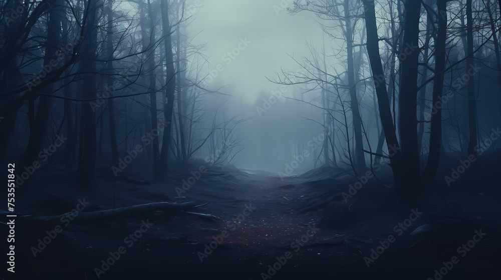 Fototapeta premium Foggy dark forest path scary melancholy background