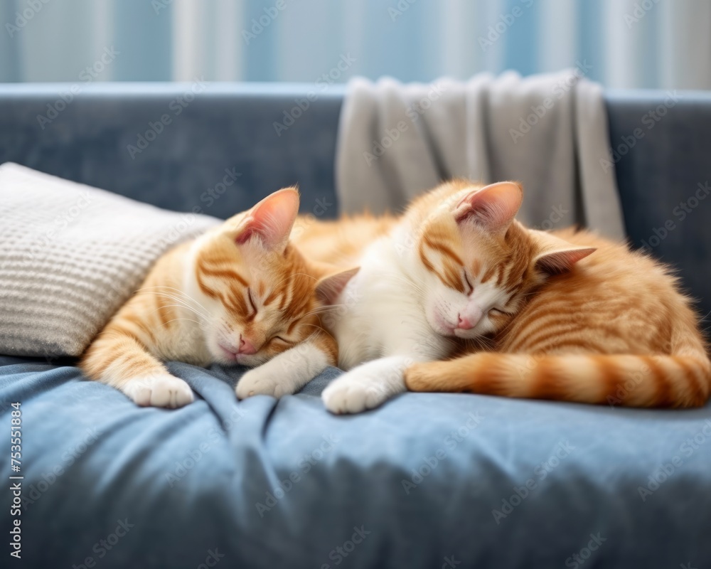 Cute kittens sleep with orange and blue cat on sofa, tranquil sleep scenes, calm nighttime environments, world sleep day wellness