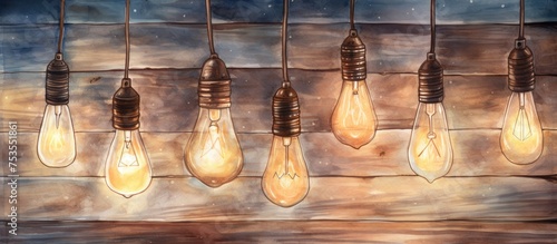 Watercolor vintage style illustration of light bulbs on a rope on a wooden board