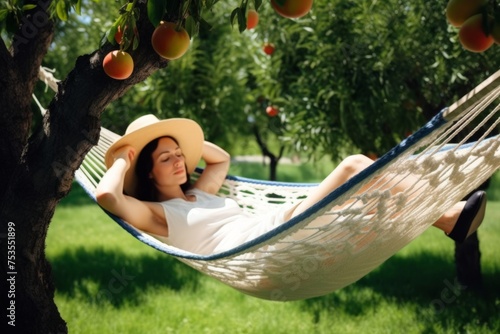 Woman relaxing in a hammock under a fruit tree on the lawn, tranquil sleep scenes, calm nighttime environments, world sleep day wellness