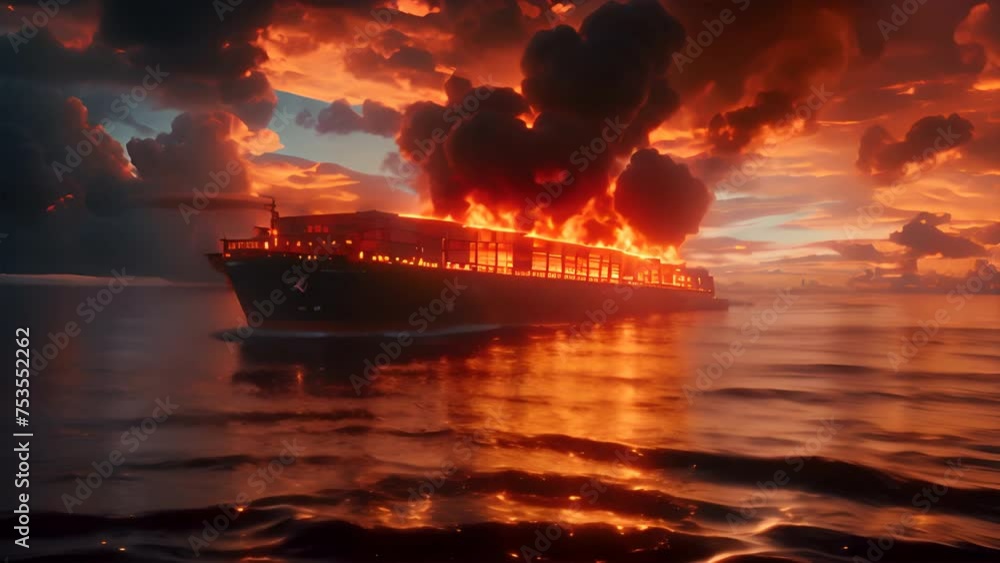 fire is burning large cargo ship while traveling to deliver goods at sea during sunset,generative ai fire is burning large cargo ship while traveling to deliver goods at sea during sunset,generative ai