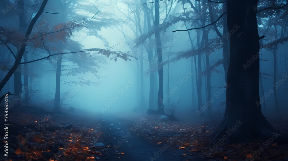 Fototapeta premium Foggy dark forest path scary melancholy background