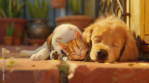 A playful golden retriever puppy and a cuddly calico kitten snuggling together on a cozy terracotta surface.