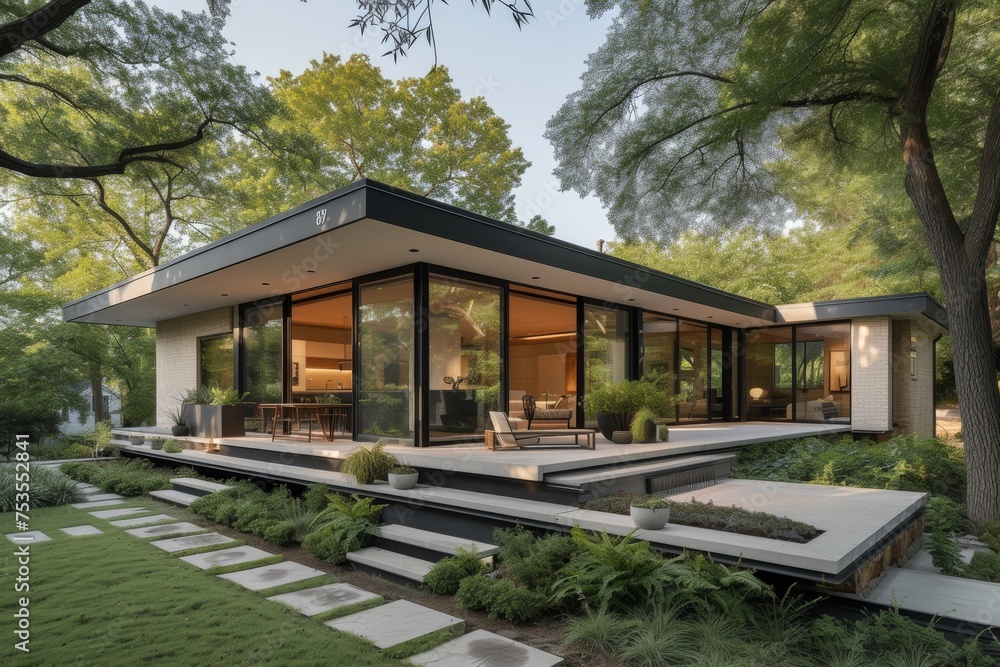 A modern minimalist house overlooking a lush neighborhood park